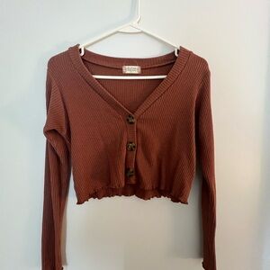 Altar'd State Rust/Burnt Orange Ribbed Button-Up Cropped Blouse